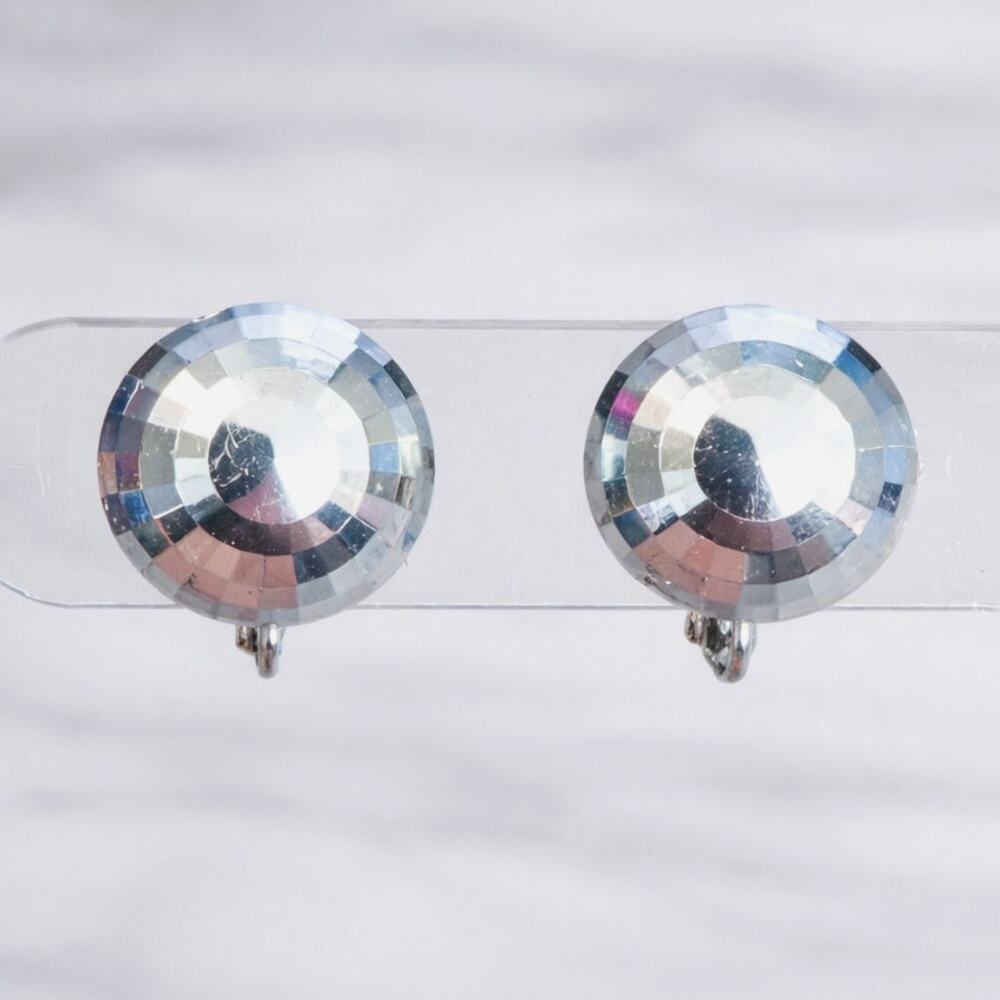 Vintage Clip On Earrings - Domed Circle Faceted Silver Tone - Condition Issues